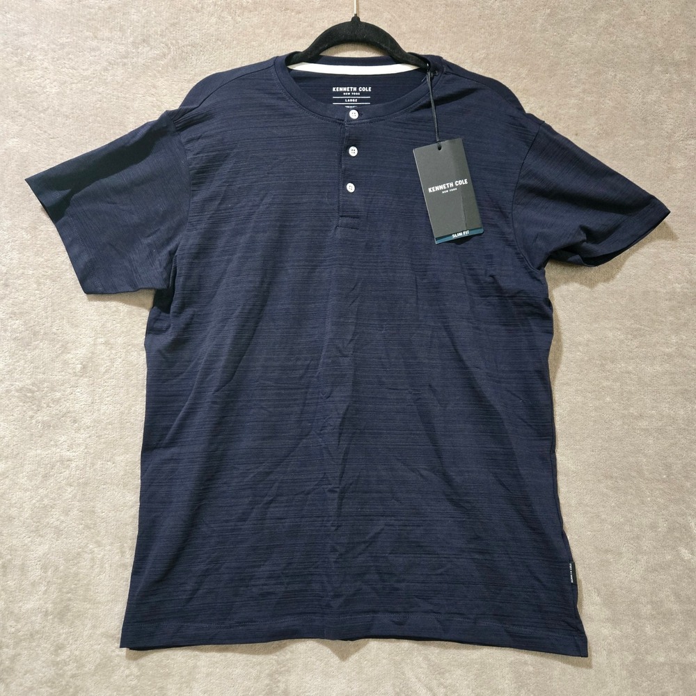 NWT Kenneth Cole Henley Shirt Mens Large Blue Slim Fit Techni-Cole Travel Casual